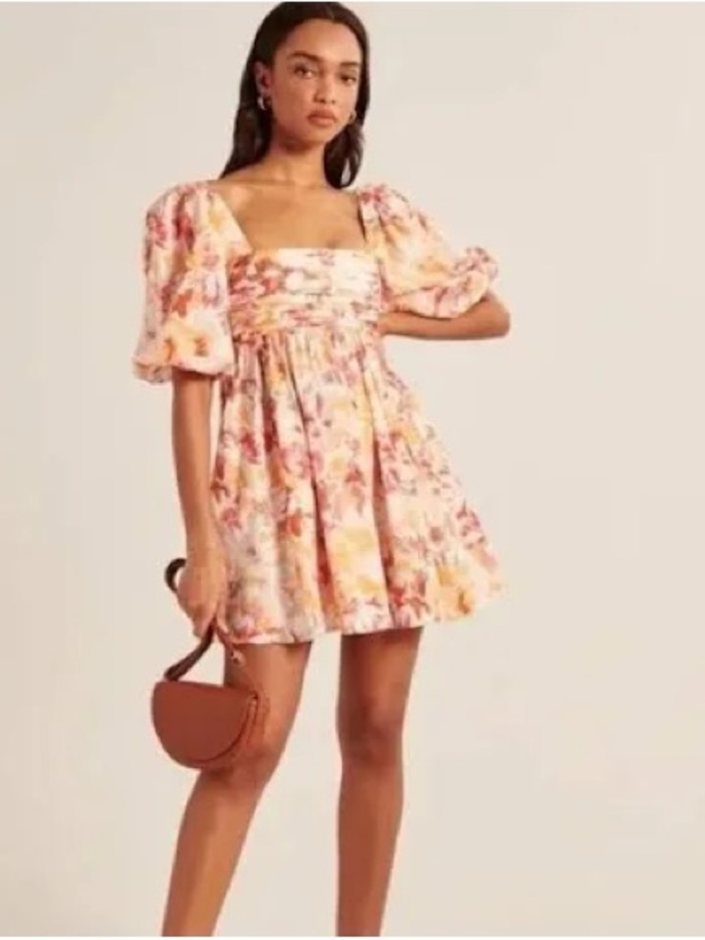 Abercrombie and Fitch Emerson Floral Puff-Sleeve Mini Dress in Blush Multi